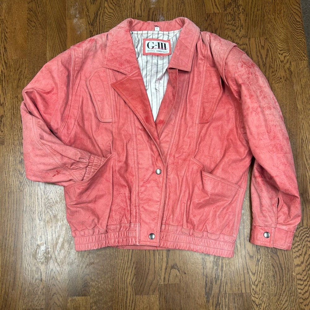 Vintage 80s Leather Fashions Coral Pink Genuine Leather Bomber Jacket Large